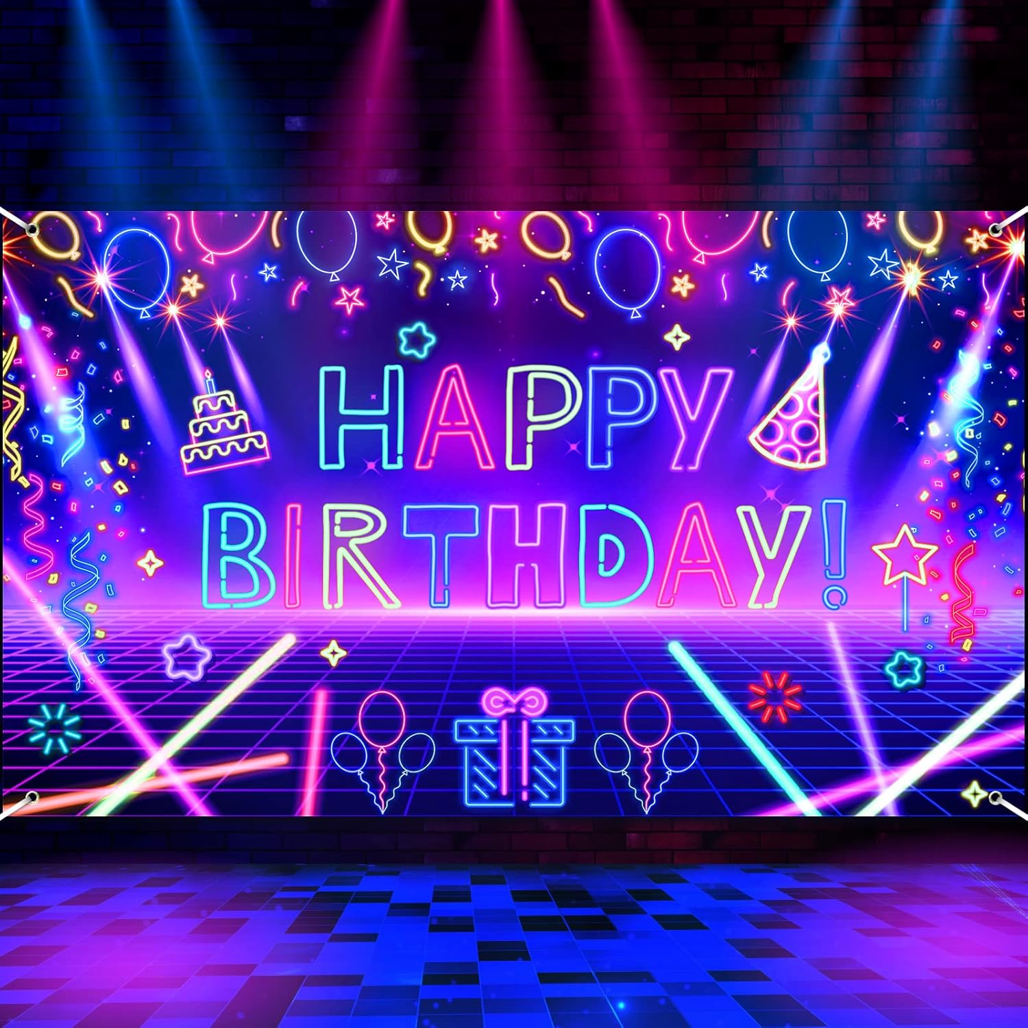 Let'S Party Event Supply - Tło fotograficzne Neonowe Światło Urodzinowe Baner