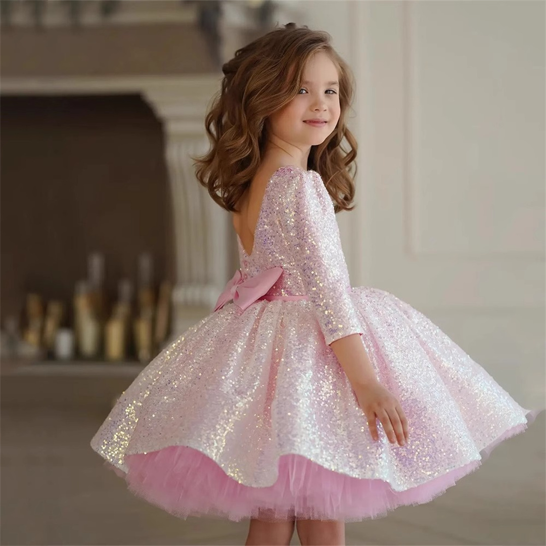 Birthday Sash Glitter - Brokatowa różowa sukienka dla dziewczynki do