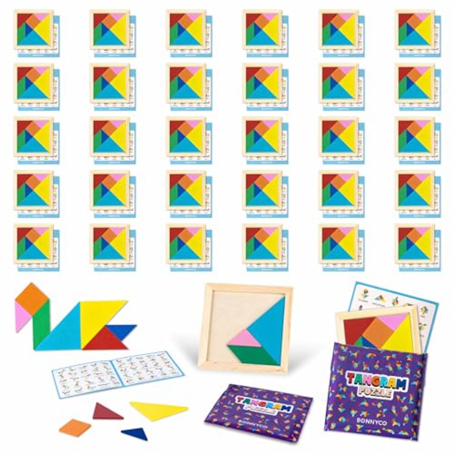 Party Favor Bag - Drewniane puzzle Tangram, zestaw 30 sztuk,