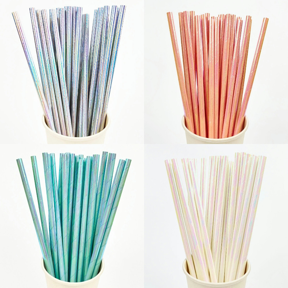 Paper Straw Color - 25Pcs Perłowe brązujące słomki papierowe Różowe